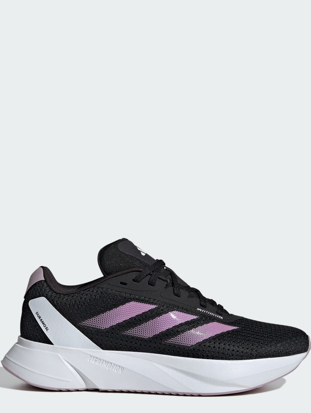 9.5 Womens Adidas Black Sneakers with Lavender Three-Stripes